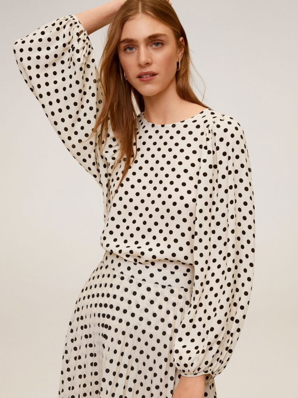 Mango Cream Polka Dot Puff Sleeve Blouse Ruched Ruffle French Girl Chic Size XS
